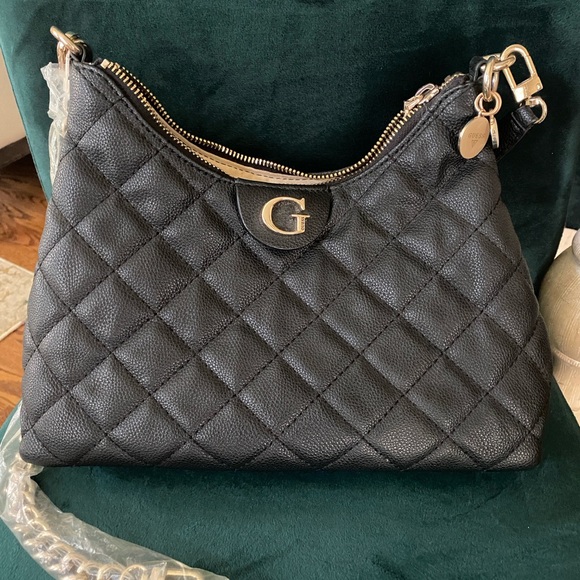 G by Guess Quilted Black Shoulder Bag with Gold Details - Picture 1 of 16